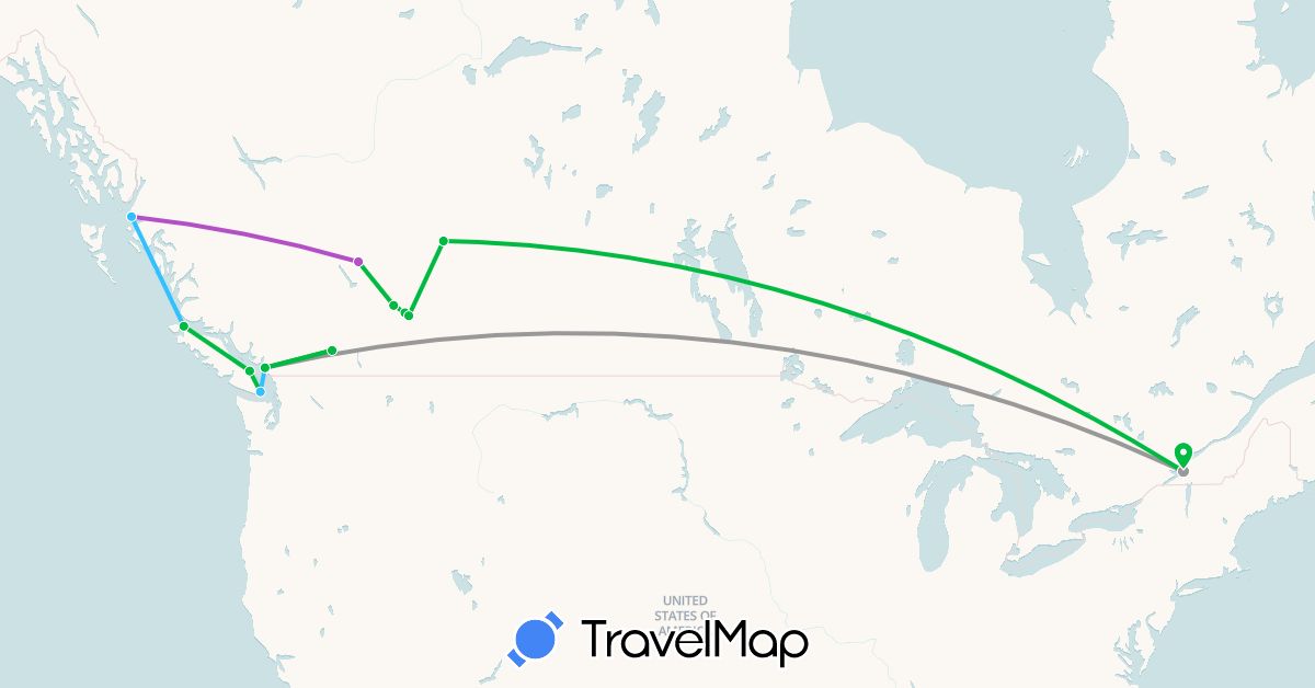TravelMap itinerary: driving, bus, plane, train, boat in Canada (North America)